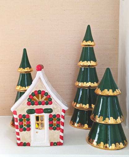 Ivory, Red & Green Gingerbread House with 22K Gold Accents