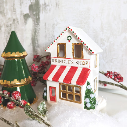 Ivory, Red & Green Gingerbread House with 22K Gold Accents