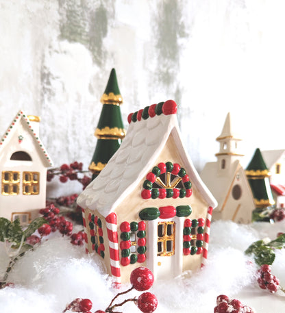 Ivory, Red & Green Gingerbread House with 22K Gold Accents