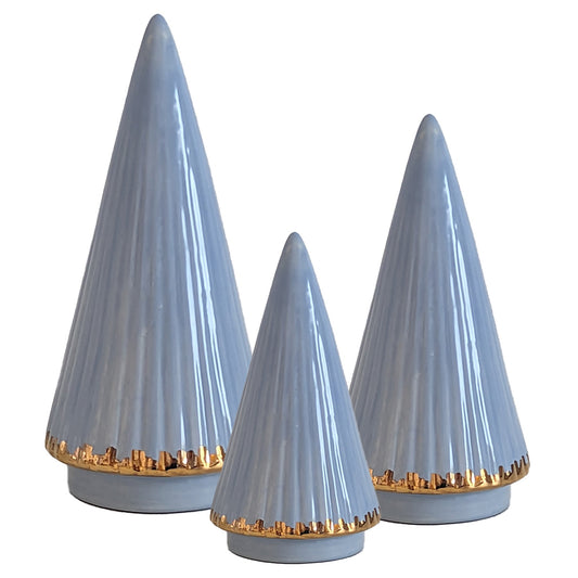 Serenity Blue Fluted Christmas Trees with 22K Gold Brushstroke Accent