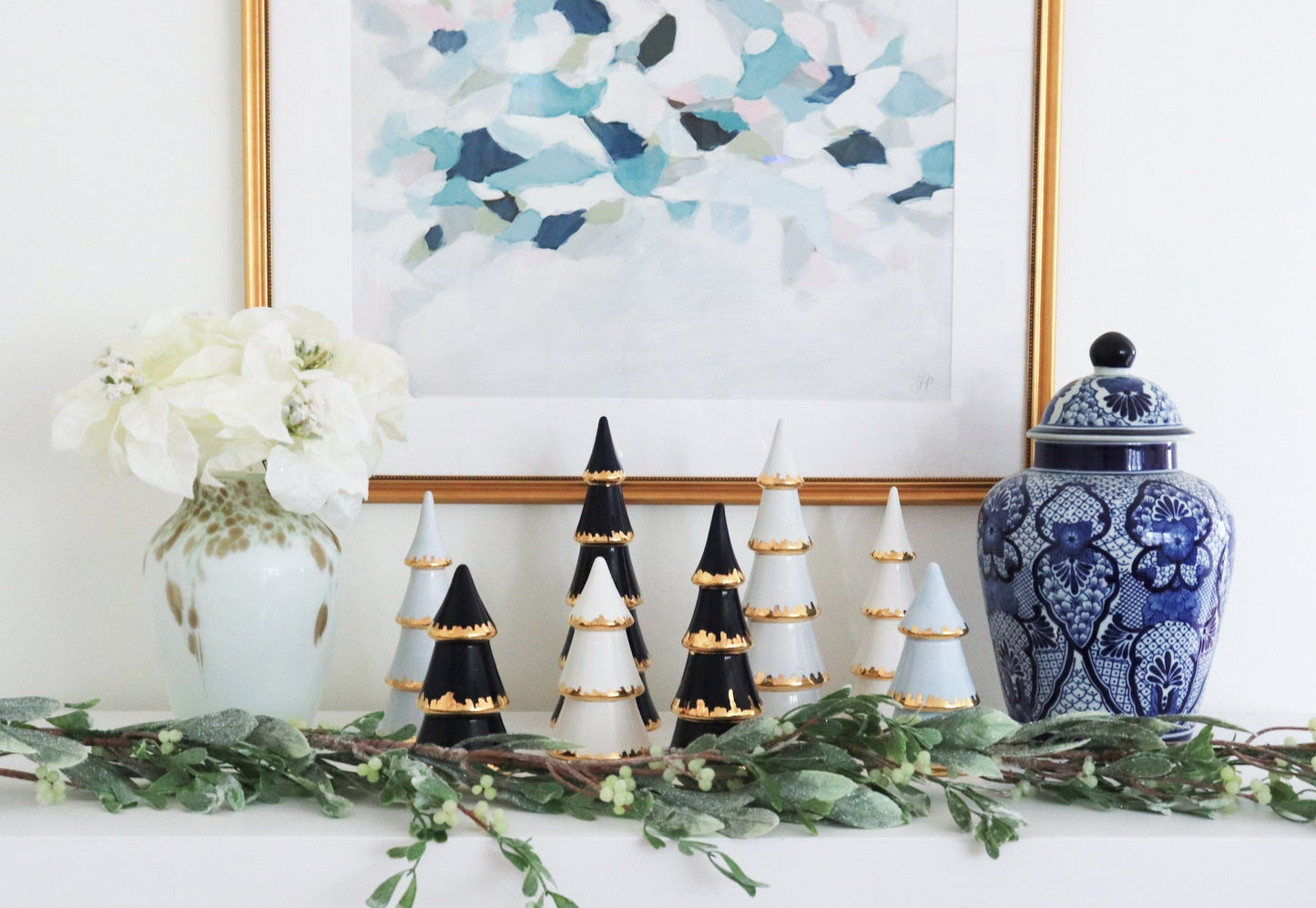 White Tiered Christmas Trees with 22K Gold Brushstroke Accent