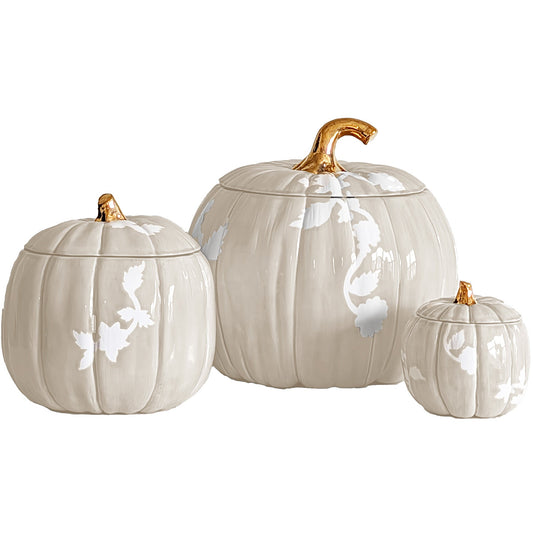 Chinoiserie Pumpkin Jars with 22K Gold Accents in Beige | Wholesale