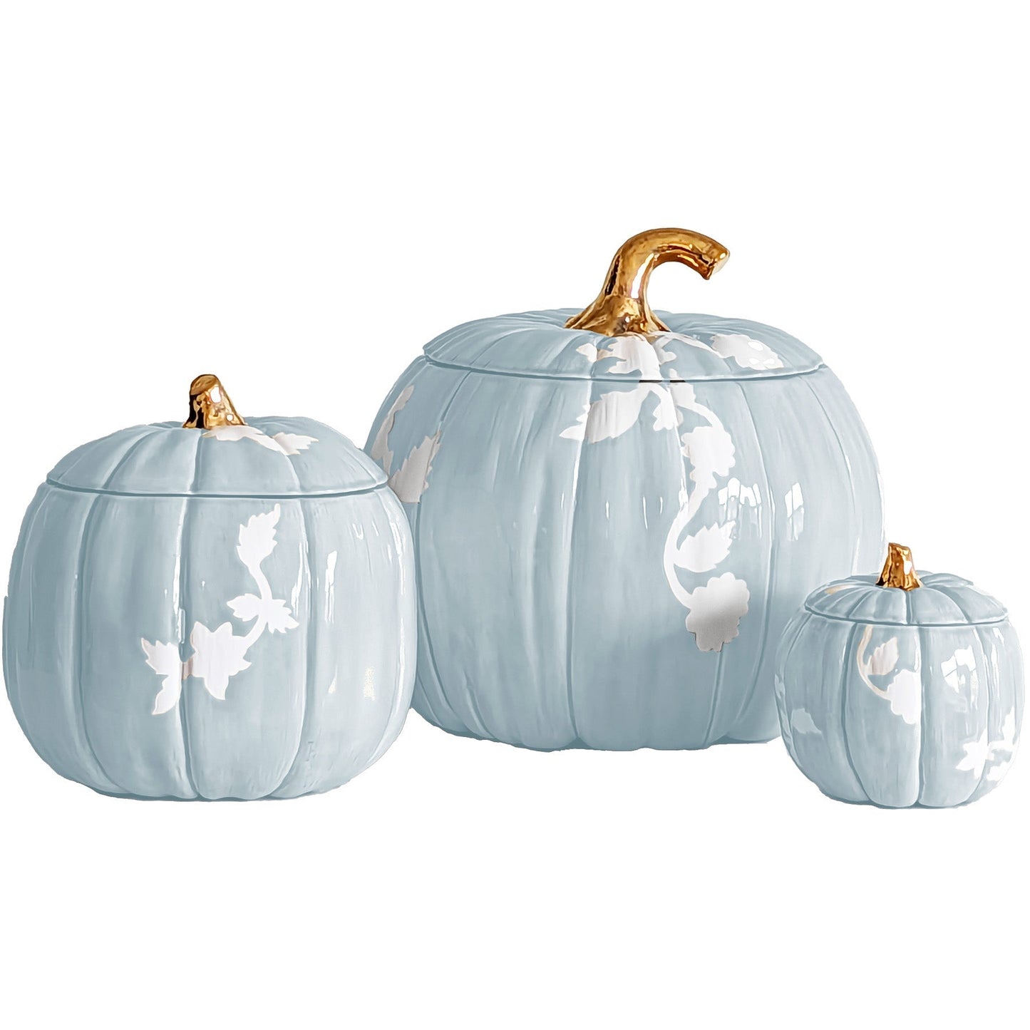 Chinoiserie Pumpkin Jars with 22K Gold Accents in Light Blue | Wholesale