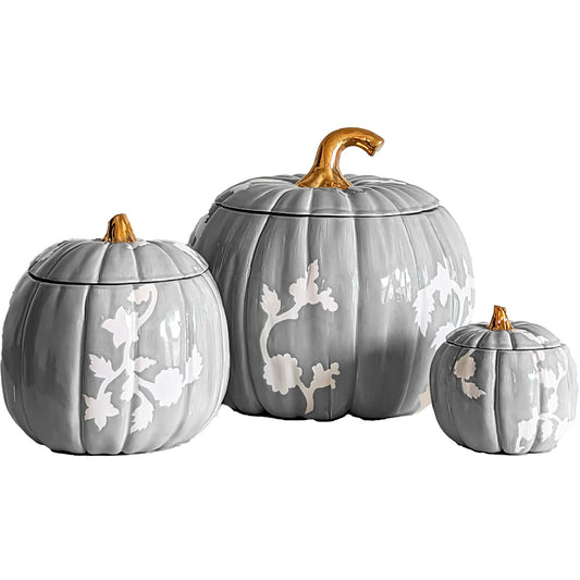 Chinoiserie Pumpkin Jars with 22K Gold Accents in Light Gray | Wholesale