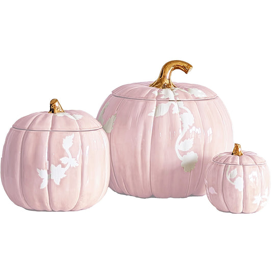 Chinoiserie Pumpkin Jars with 22K Gold Accents in Light Pink | Wholesale