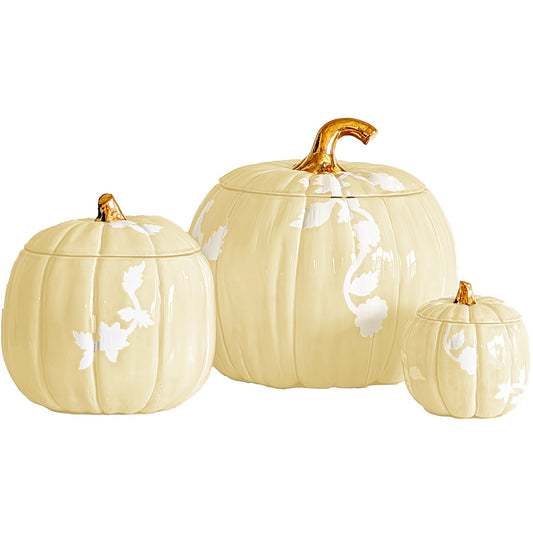 Chinoiserie Pumpkin Jars with 22K Gold Accents in Light Yellow | Wholesale