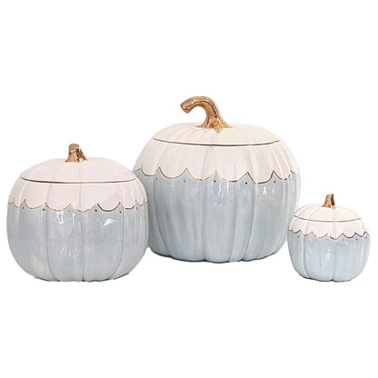 Scalloped Pumpkin Jars with 22K Gold Accents in Light Blue