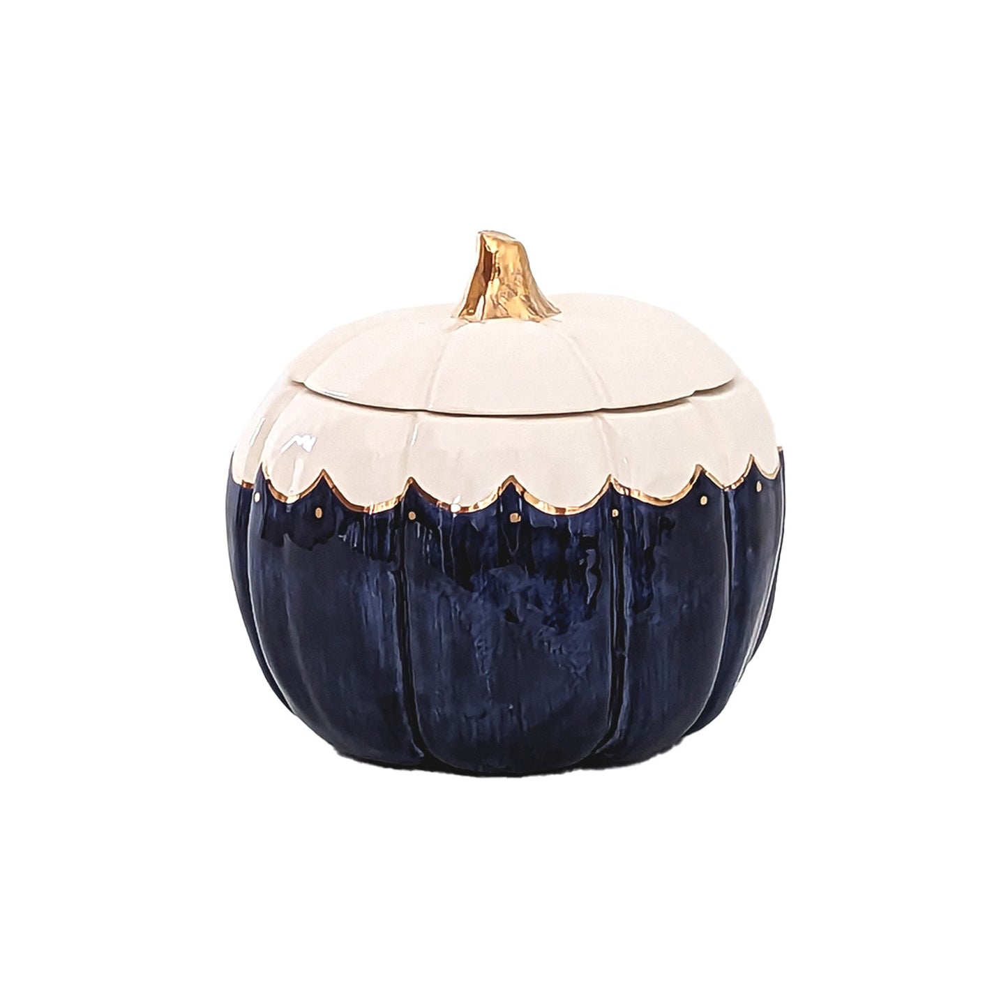 Scalloped Pumpkin Jars with 22K Gold Accents in Navy Blue