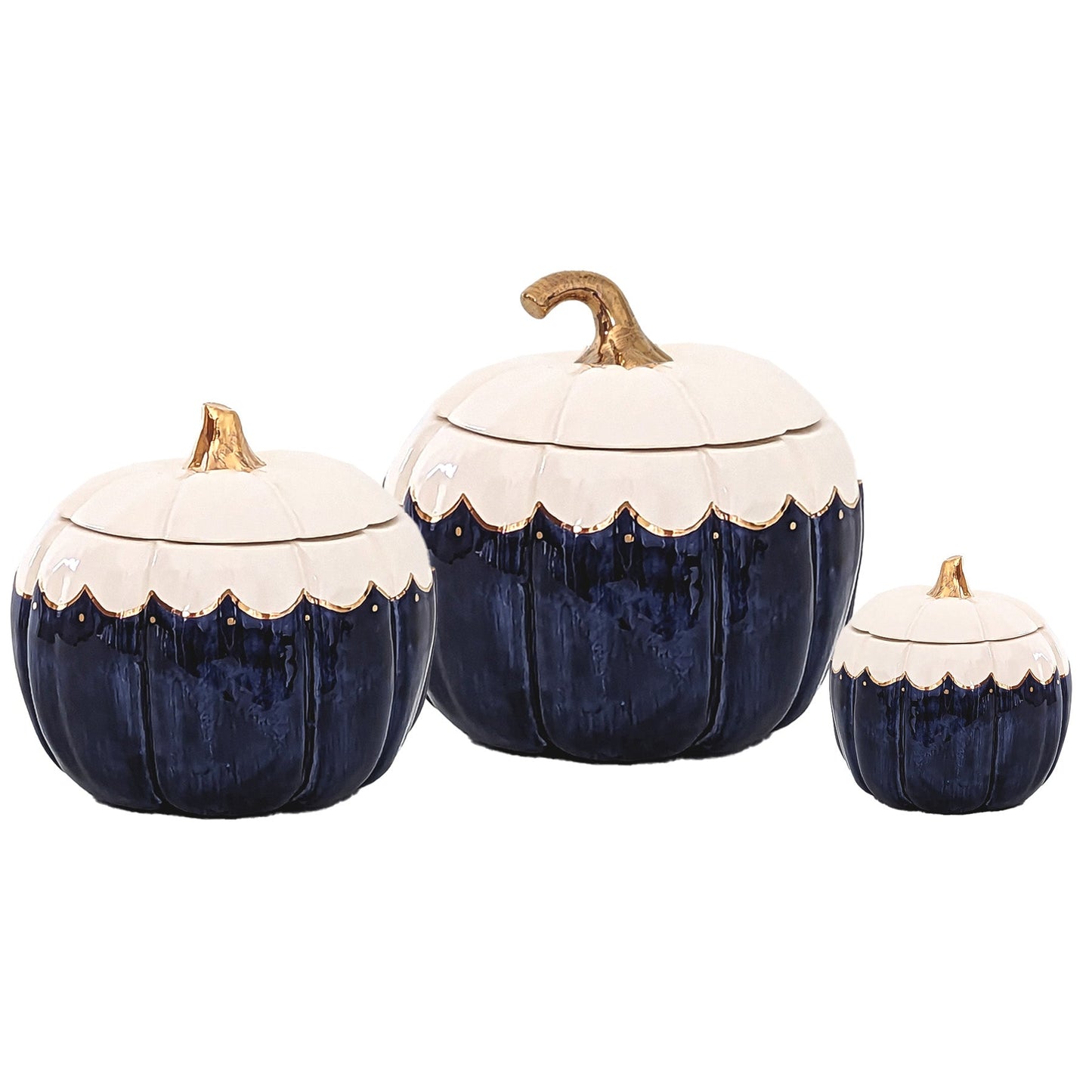 Scalloped Pumpkin Jars with 22K Gold Accents in Navy Blue