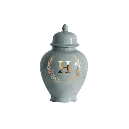 Single Letter Laurel Wreath Monogram Ginger Jars in Lamb's Ear Blue