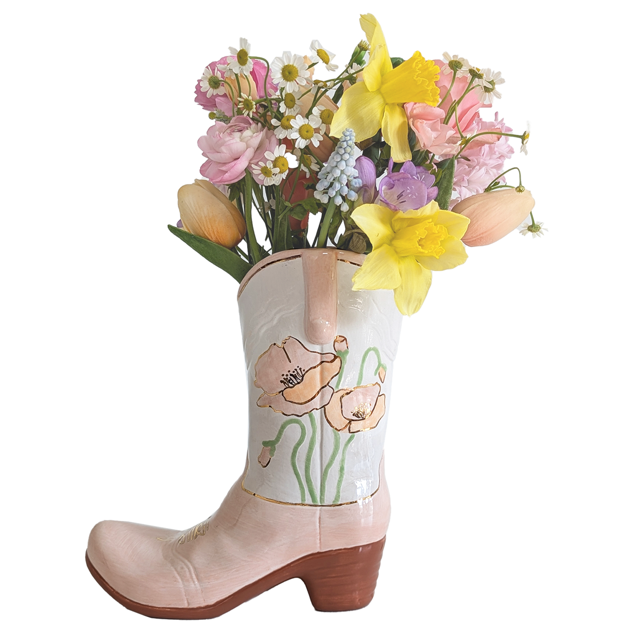Cowgirl Boot Vase- Poppy Flowers