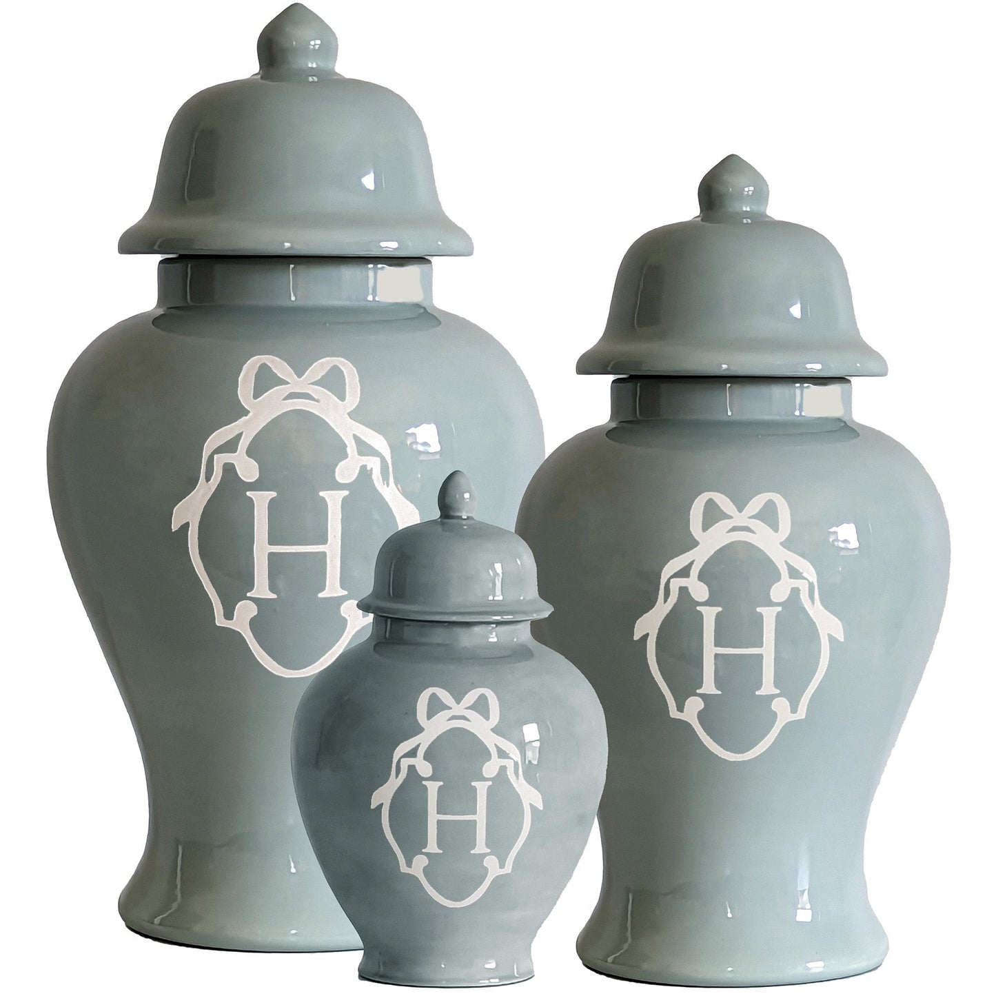 Bow Monogram Ginger Jars in Lamb's Ear Blue