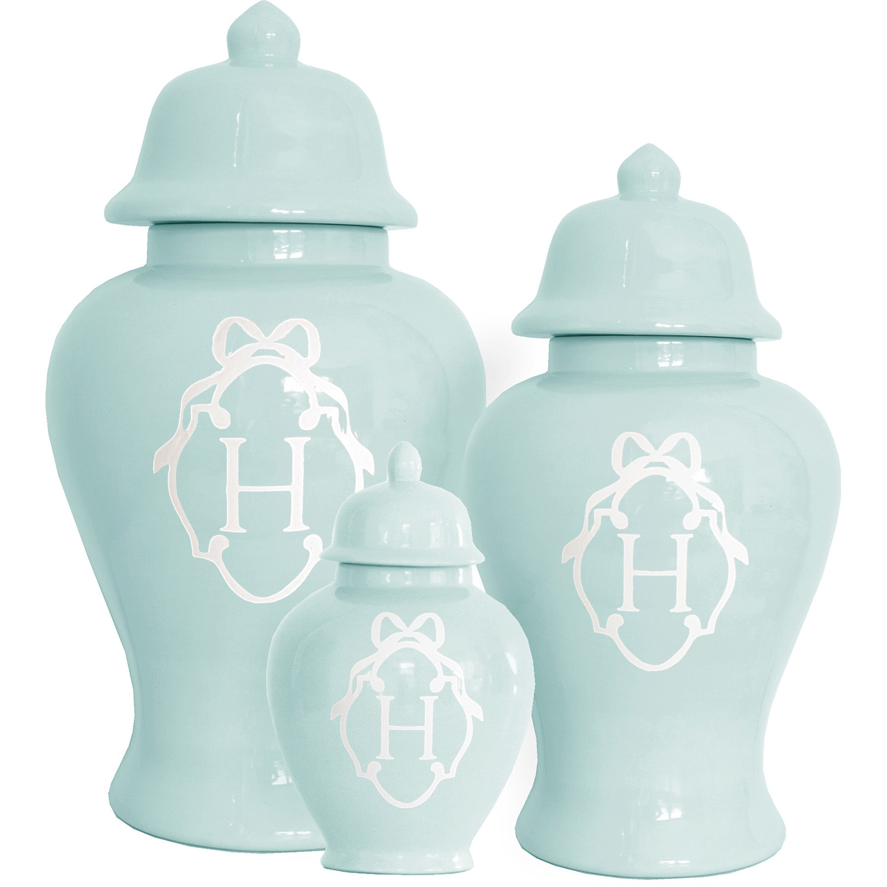 Bow Monogram Ginger Jars in Robin's Egg Blue