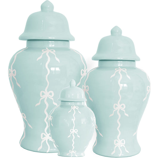 Bow Stripe Ginger Jars in Robin's Egg Blue