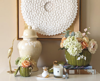 Chinoiserie Pumpkin Jars with 22K Gold Accents in Moss Green