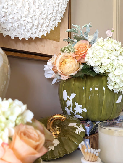 Chinoiserie Pumpkin Jars with 22K Gold Accents in Moss Green