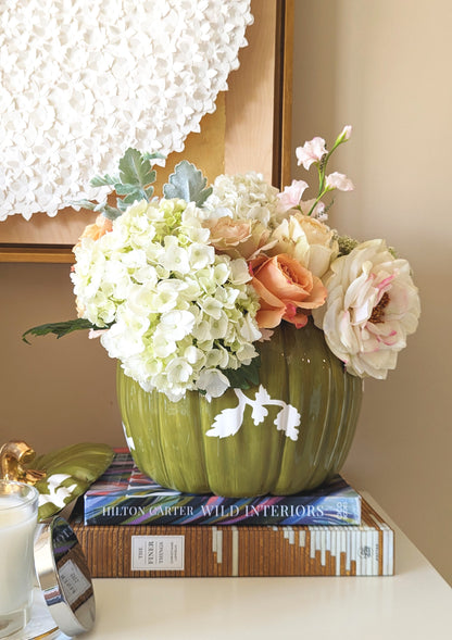 Chinoiserie Pumpkin Jars with 22K Gold Accents in Moss Green