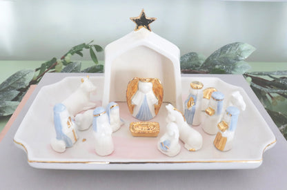 Light Blue Hand-Crafted 14 Piece Nativity Set with 22K Gold Accents