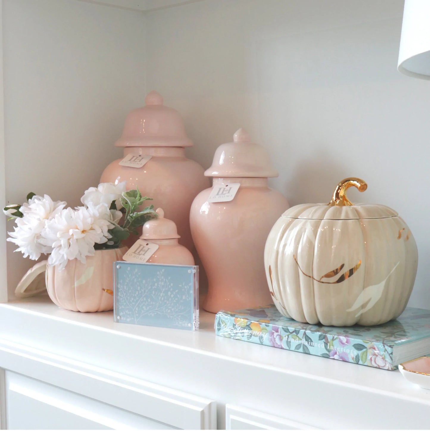 Layered Leaves Pumpkin Jars with 22K Gold Accents in Pink | Wholesale