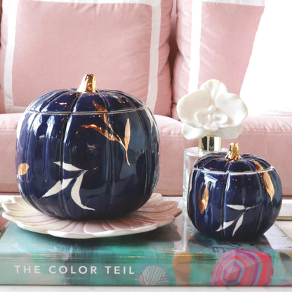 Layered Leaves Pumpkin Jars with 22K Gold Accents in Navy Blue | Wholesale