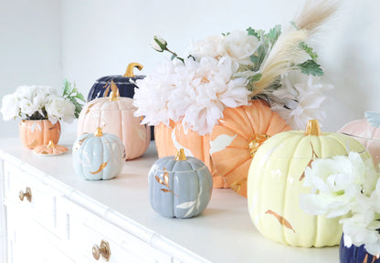 Layered Leaves Pumpkin Jars with 22K Gold Accents in Light Blue | Wholesale