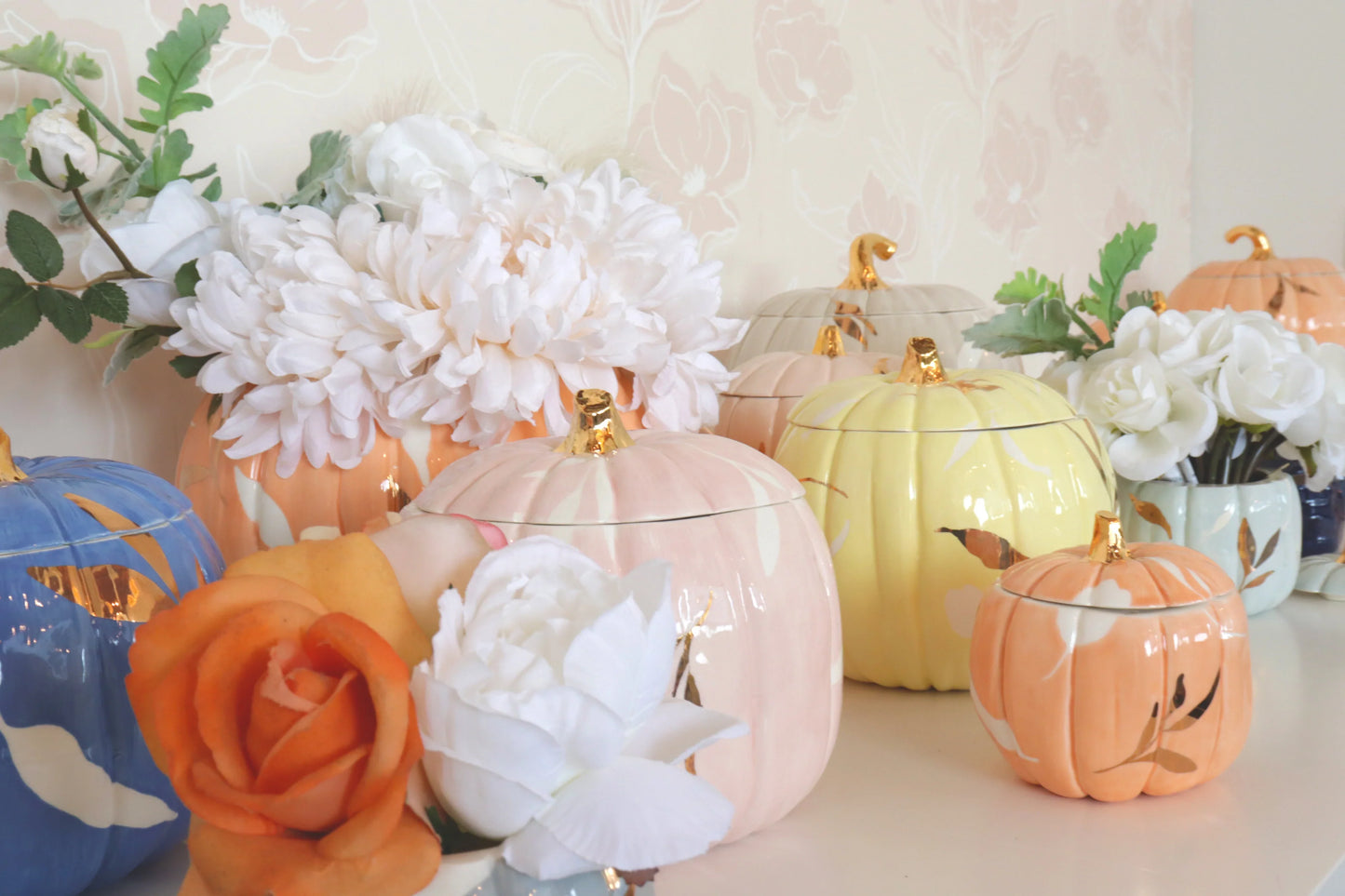 Layered Leaves Pumpkin Jars with 22K Gold Accents in Beige | Wholesale