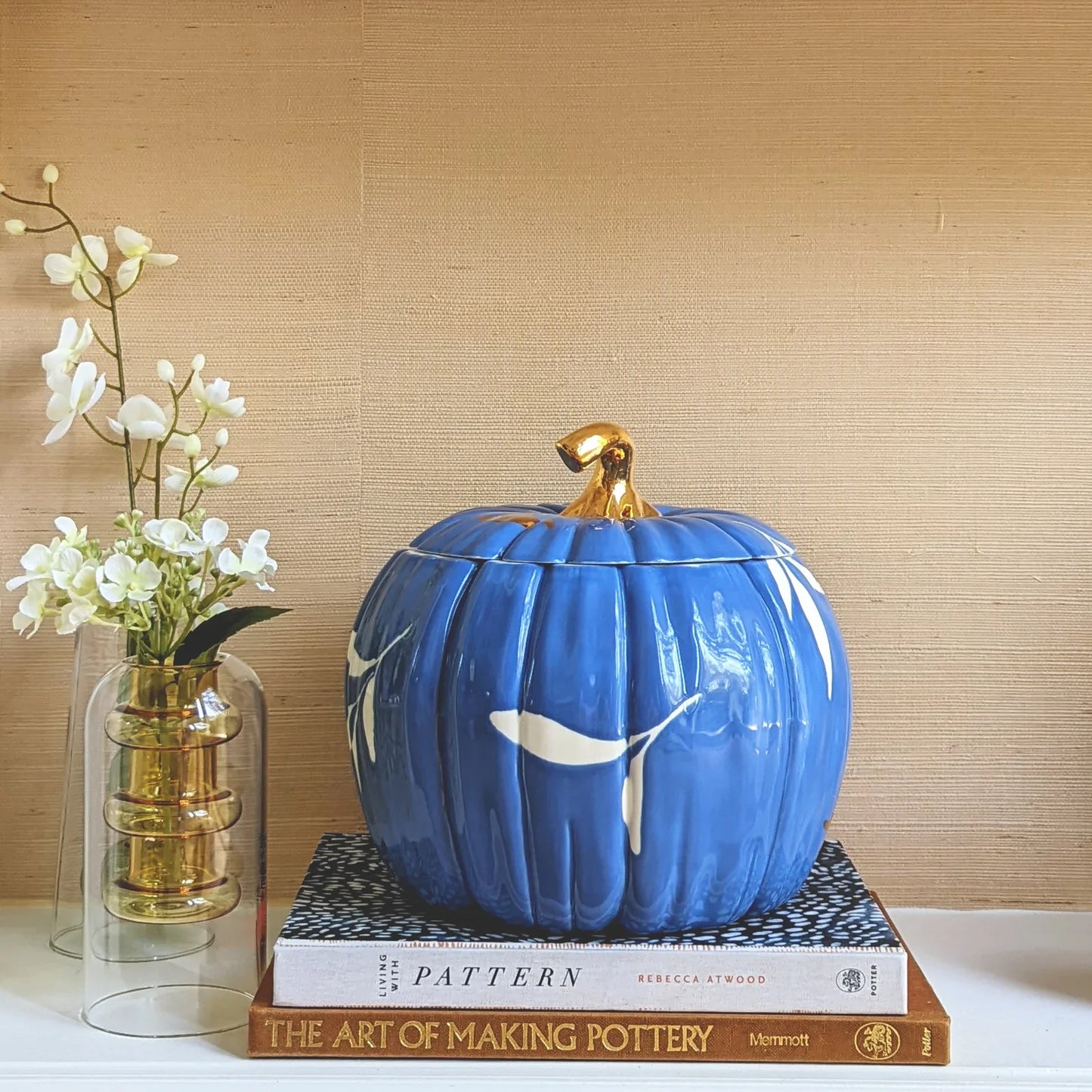 Layered Leaves Pumpkin Jars with 22K Gold Accents in French Blue | Wholesale