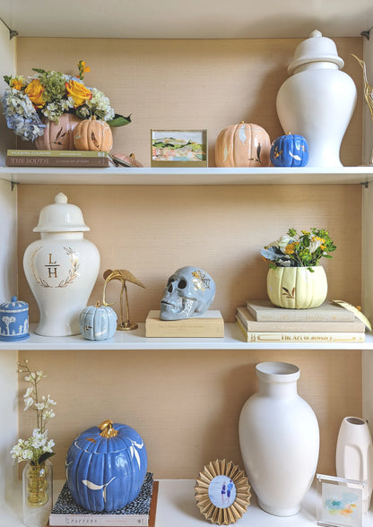 Layered Leaves Pumpkin Jars with 22K Gold Accents in French Blue