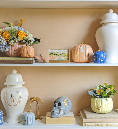 Layered Leaves Pumpkin Jars with 22K Gold Accents in French Blue