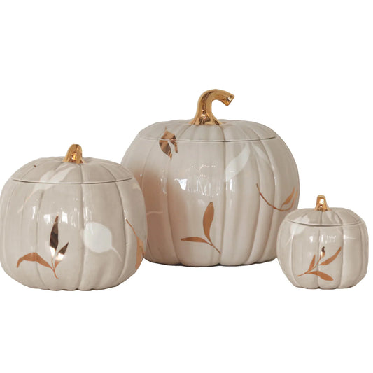 Layered Leaves Pumpkin Jars with 22K Gold Accents in Beige | Wholesale