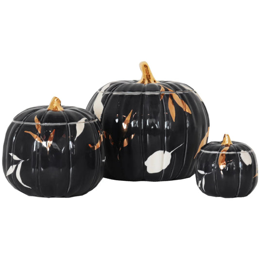 Layered Leaves Pumpkin Jars with 22K Gold Accents in Black | Wholesale