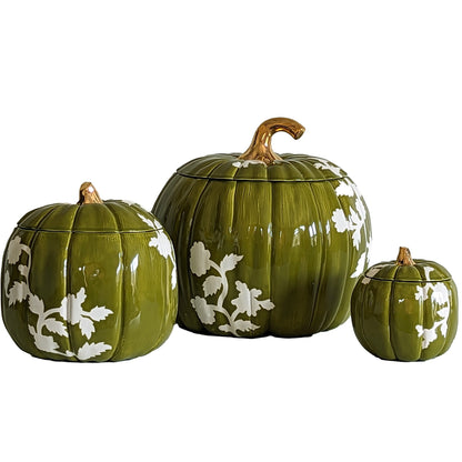 Chinoiserie Pumpkin Jars with 22K Gold Accents in Moss Green