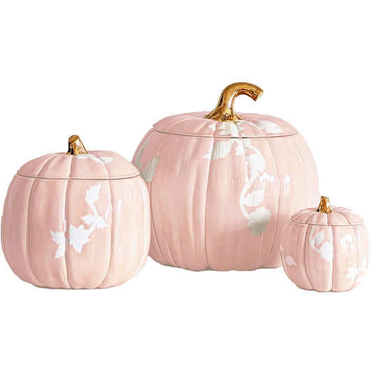 Chinoiserie Pumpkin Jars with 22K Gold Accents in Blush