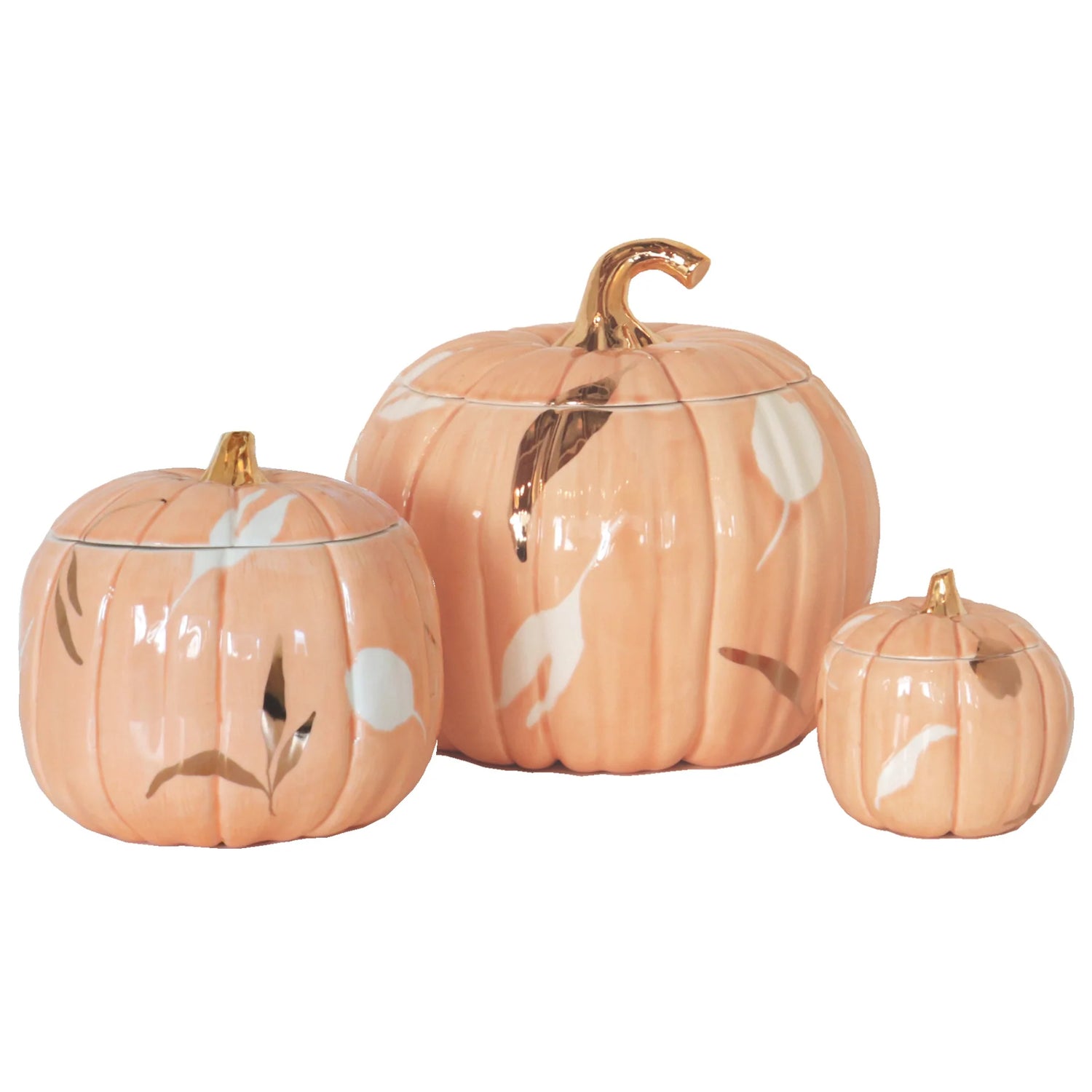 Layered Leaves Pumpkin Jars with 22K Gold Accents in Sheer Orange