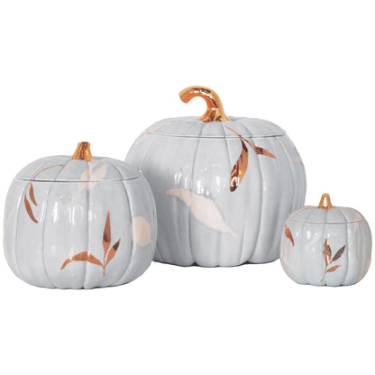 Layered Leaves Pumpkin Jars with 22K Gold Accents in Light Blue | Wholesale