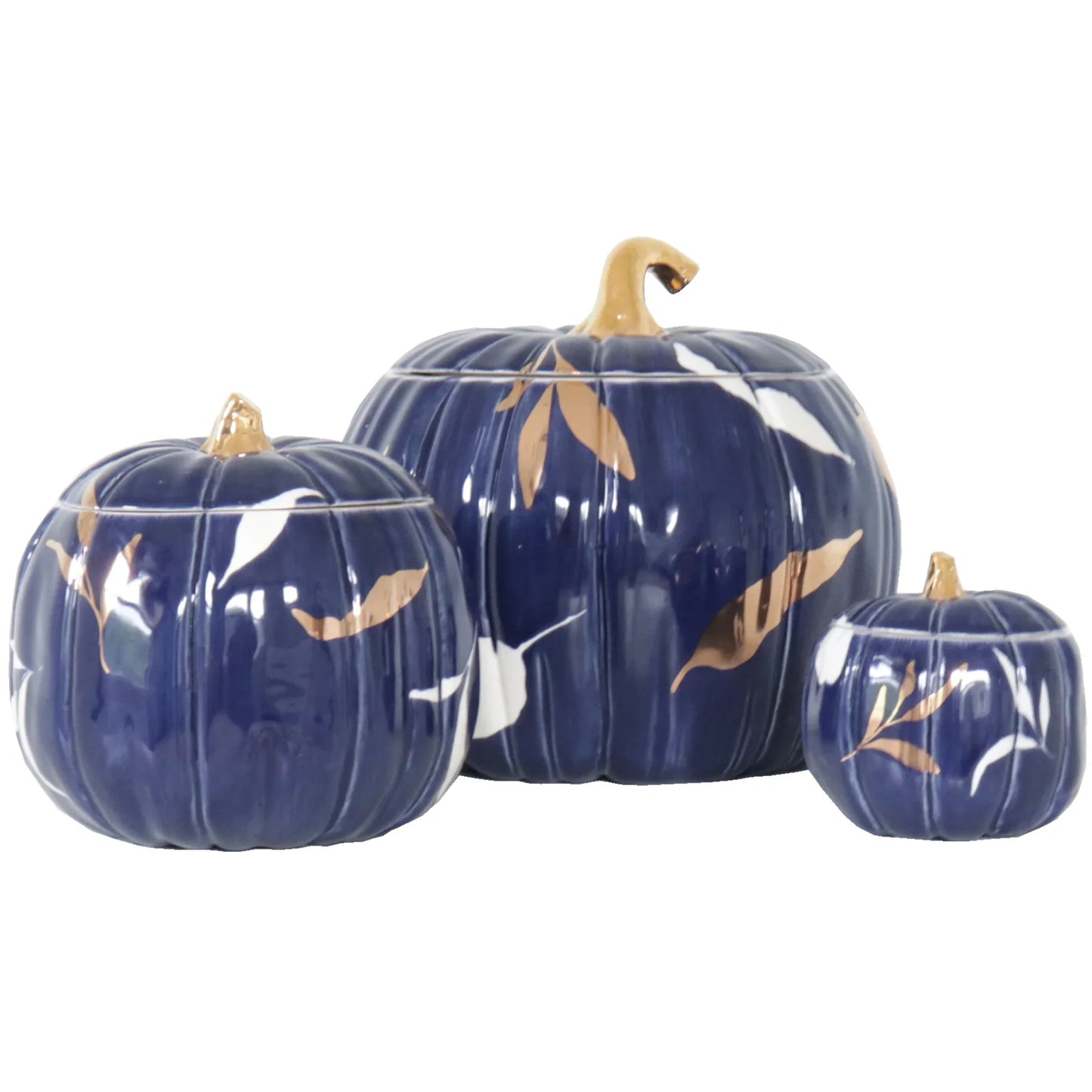 Layered Leaves Pumpkin Jars with 22K Gold Accents in Navy Blue | Wholesale