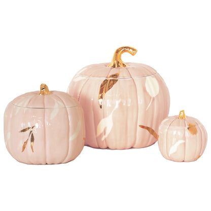 Layered Leaves Pumpkin Jars with 22K Gold Accents in Pink | Wholesale