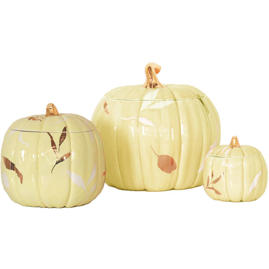 Layered Leaves Pumpkin Jars with 22K Gold Accents in Yellow