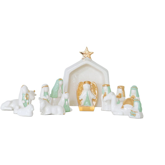 Sea Glass Green Hand-Crafted 14 Piece Nativity Set with 22K Gold Accents